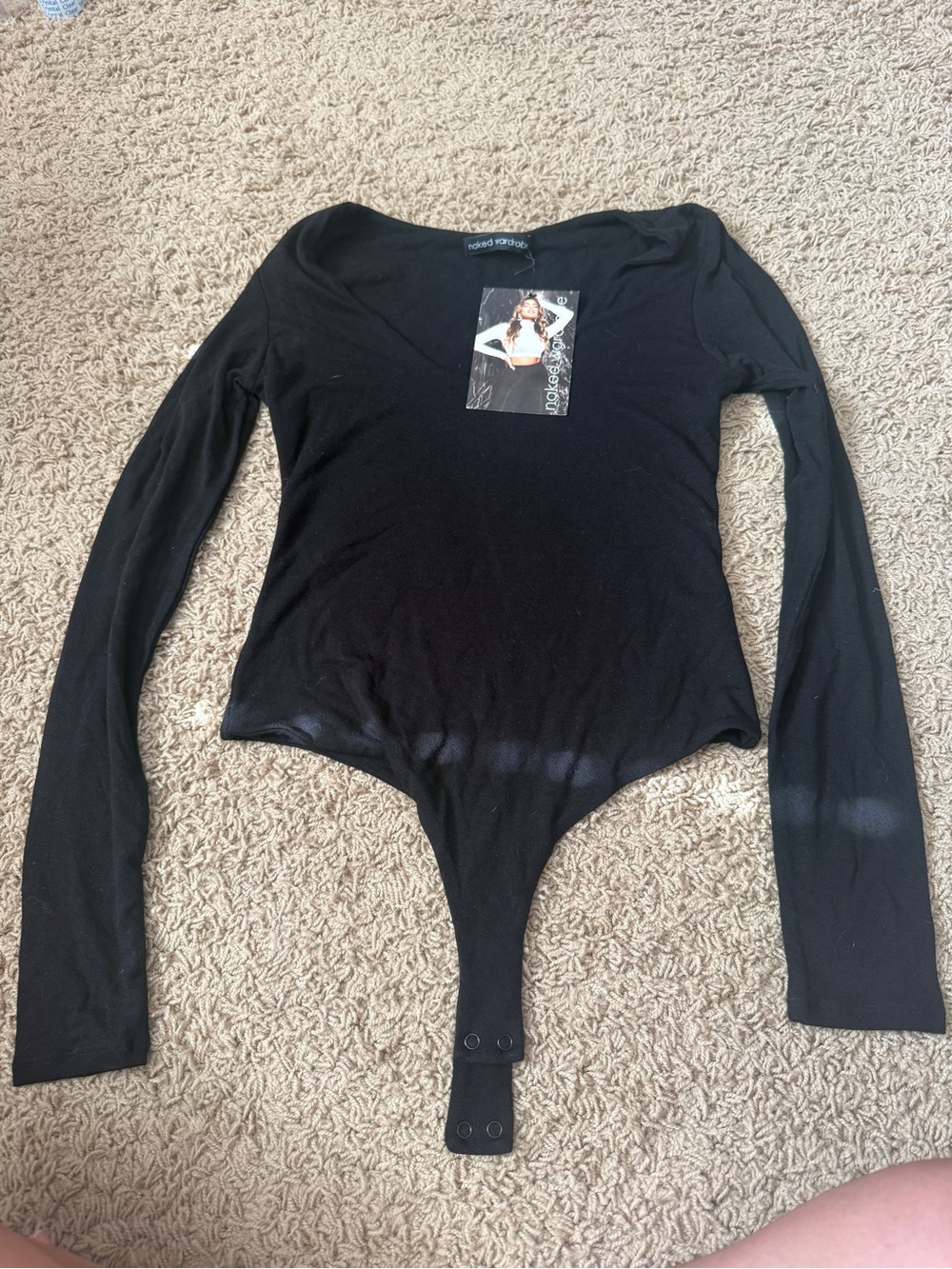 Naked Wardrobe from Nordstrom Black Long-Sleeve V-Neck Snap Bodysuit M